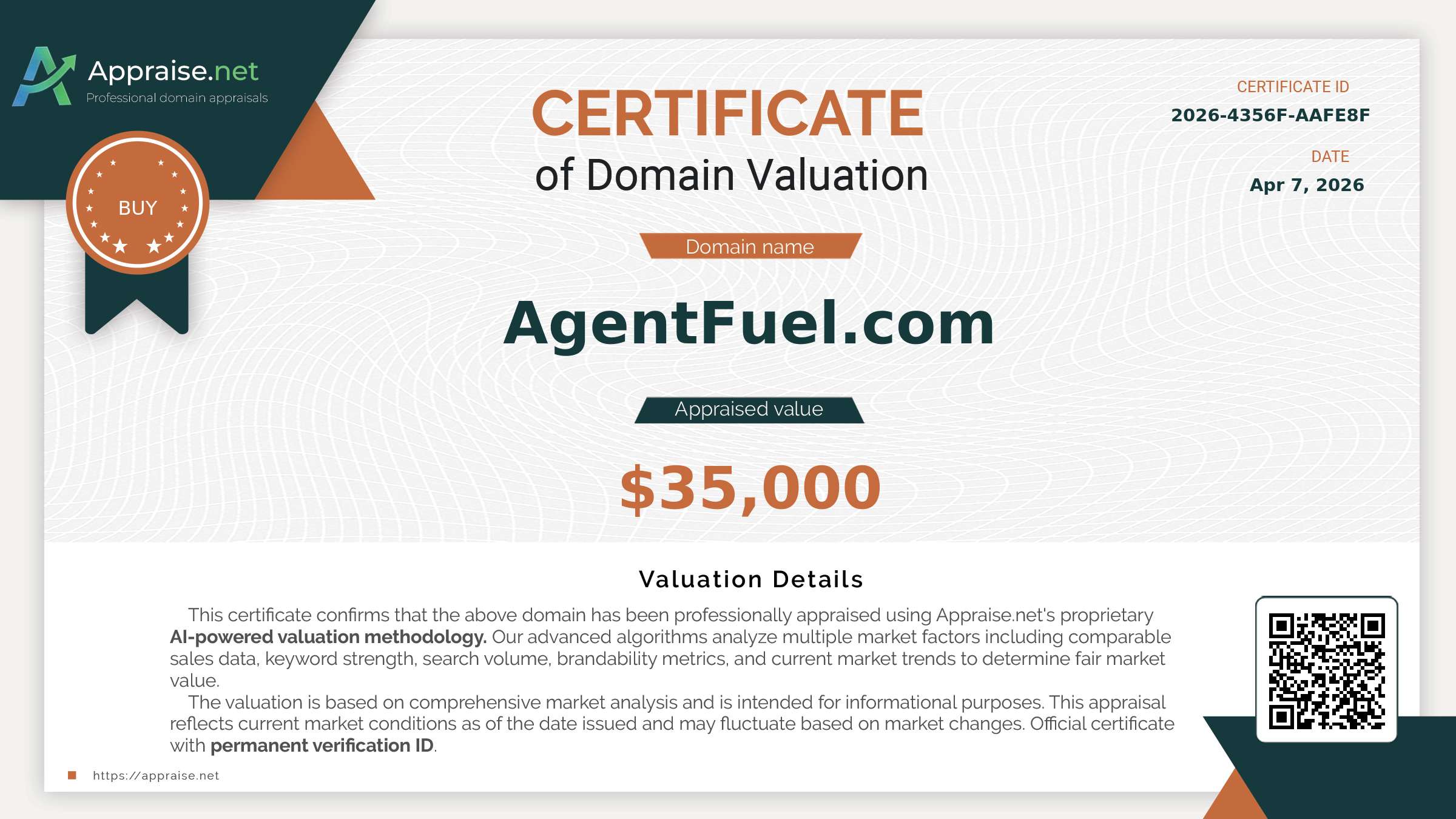 Independent domain valuation certificate from Appraise.net for AgentFuel.com, appraised value $35,000 USD, dated April 7, 2026.
